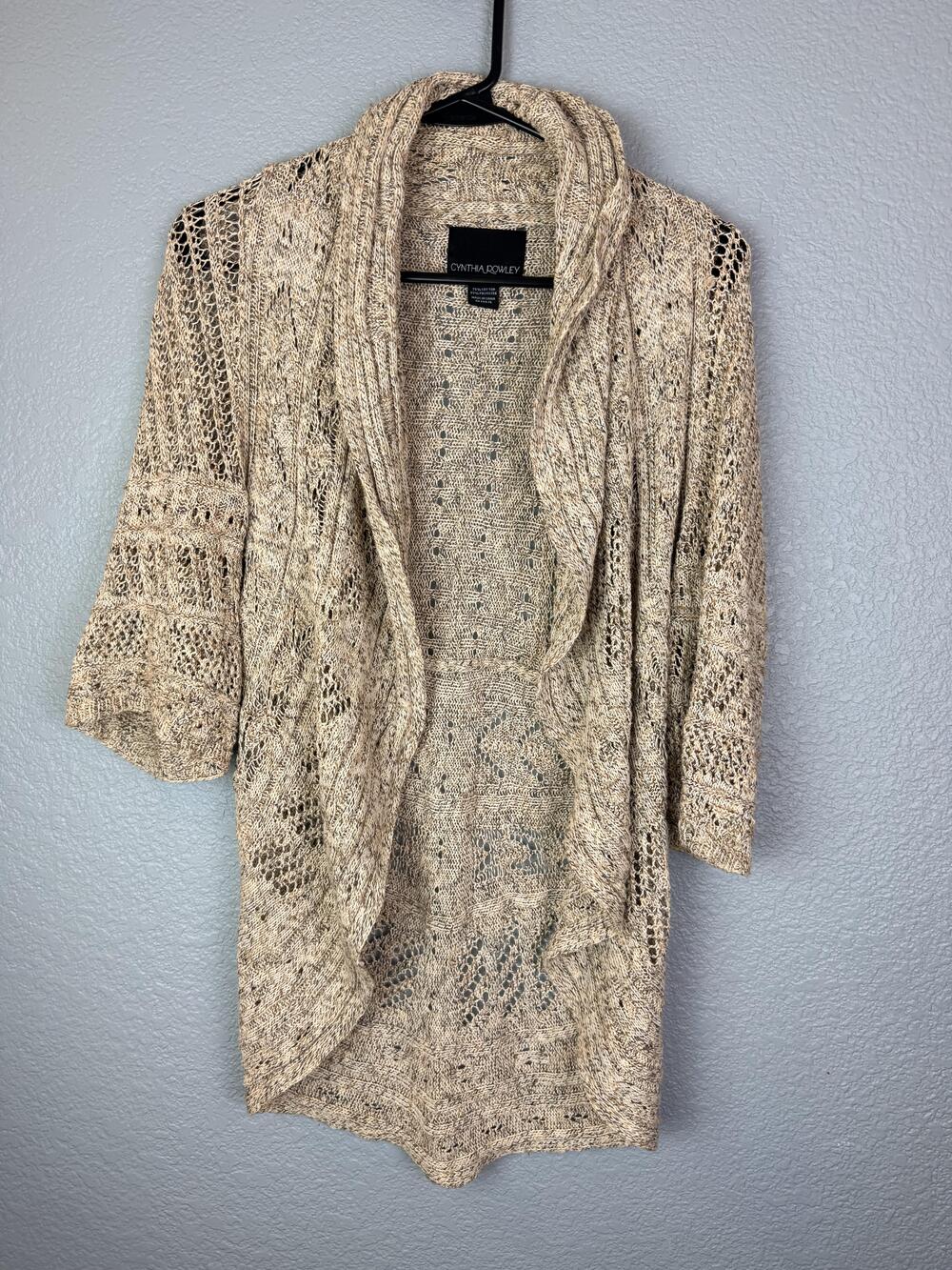 Cynthia Rowley Cardigan Sweater Womens Medium Beige Open Knit Drape Front